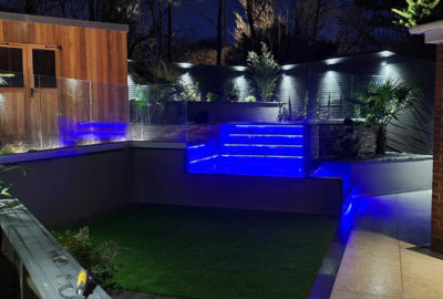 Blue glow in garden steps